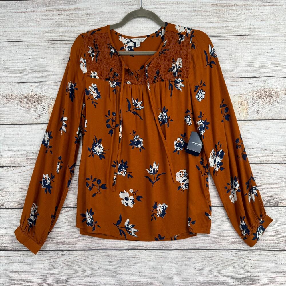 Lucky Brand Floral Tie Front Blouse Womens Small Brown Blue Long Sleeve NEW